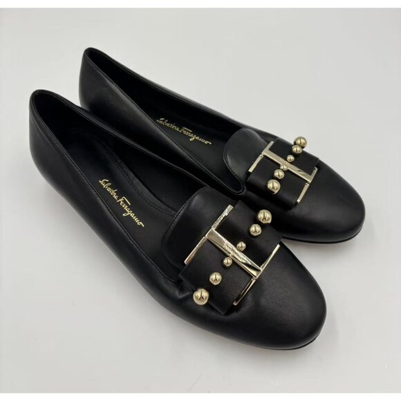 Salvatore Ferragamo Sarno Studded Bow Loafers Black& Gold 6D - Picture 3 of 9